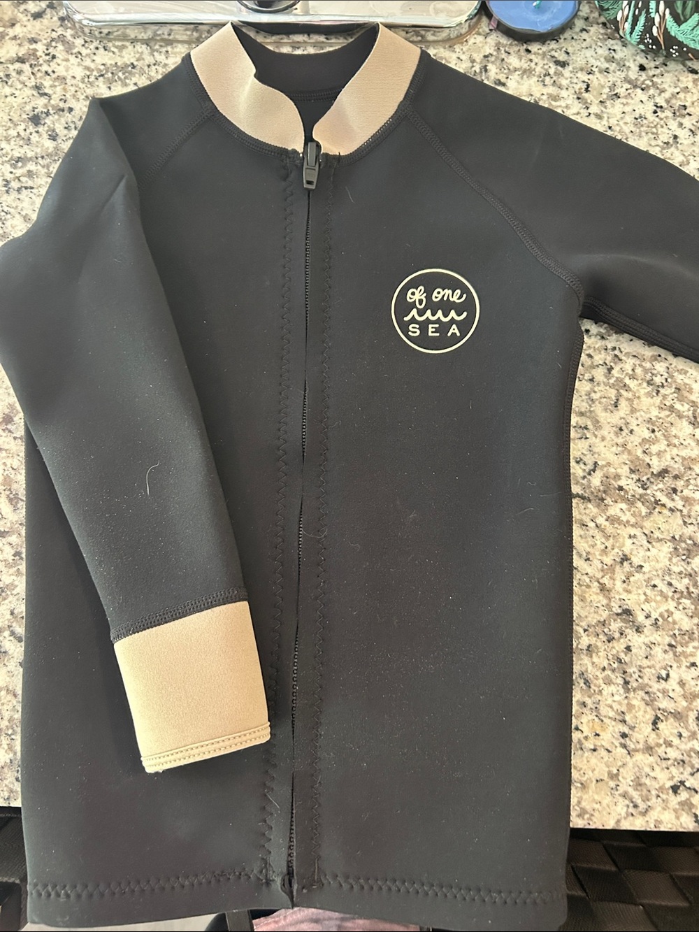 Of One Sea Kids' Black Swim Rashguard with Tan Trim